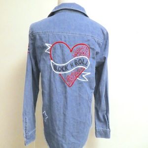 Lauren Moshi Love Rock N Roll Heart blue denim SHIRT XS NWT embroidered